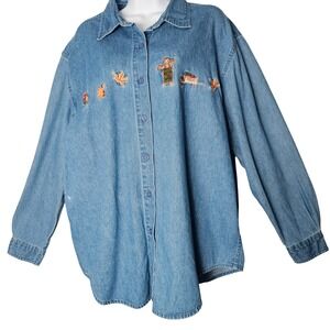 Lemon Grass Womens Denim‎ Shirt Long Sleeve Embroidered Fall Rooster Pumpkin XL